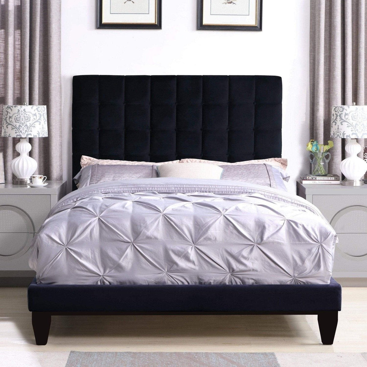 Iconic Home Beethoven Tufted Velvet Bed Frame With Headboard Black