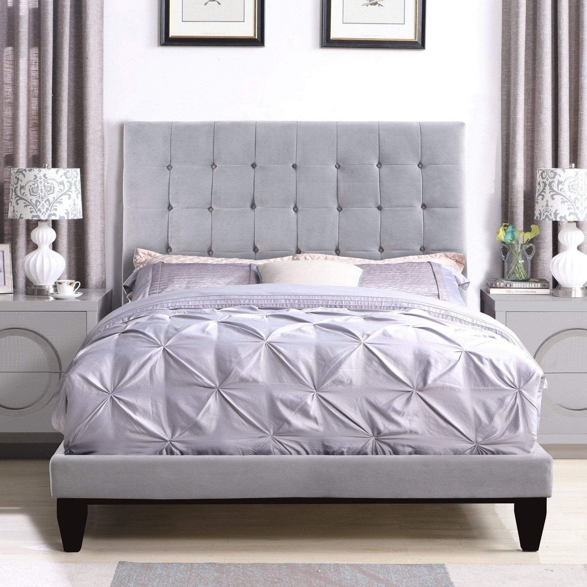 Iconic Home Beethoven Tufted Velvet Bed Frame With Headboard Light Grey