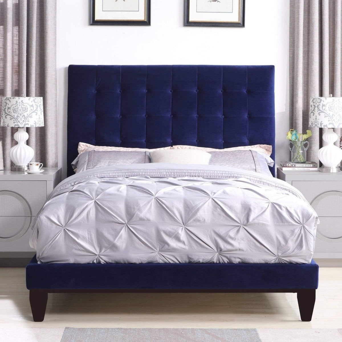 Iconic Home Beethoven Tufted Velvet Bed Frame With Headboard Navy
