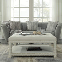 Iconic Home Bina Tufted Linen Coffee Table Ottoman Beige