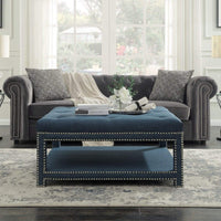 Iconic Home Bina Tufted Linen Coffee Table Ottoman Blue