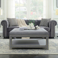 Iconic Home Bina Tufted Linen Coffee Table Ottoman Grey