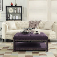 Iconic Home Bina Tufted Linen Coffee Table Ottoman Purple