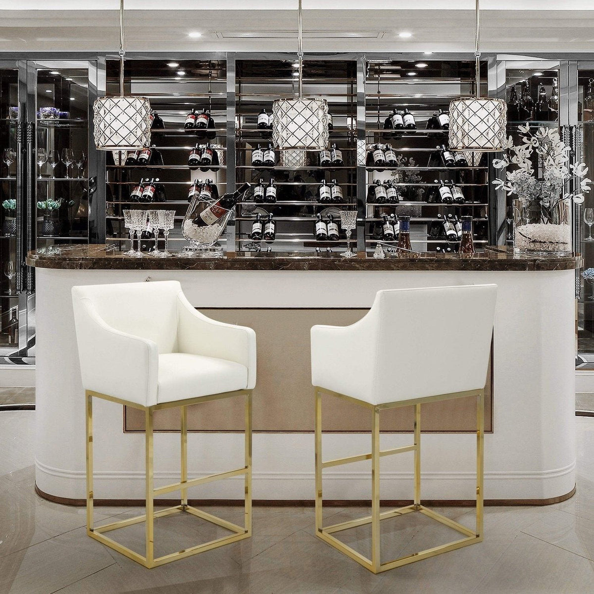 Iconic Home Bluebell Faux Leather Bar Stool Chair Gold Base Cream