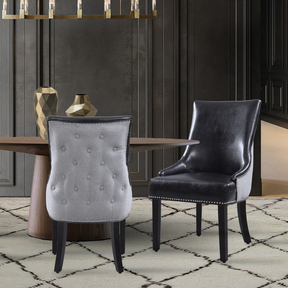 Iconic Home Brando Faux Leather Linen Dining Chair Set of 2 Black