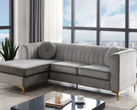Iconic Home Brasilia Modular Chaise Velvet Sectional Sofa With Gold Legs Grey
