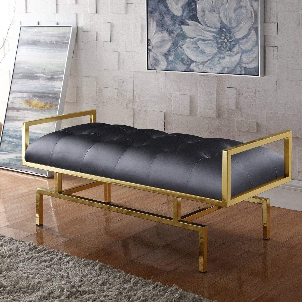 Iconic Home Bruno Tufted Faux Leather Bench Gold Metal Frame Black