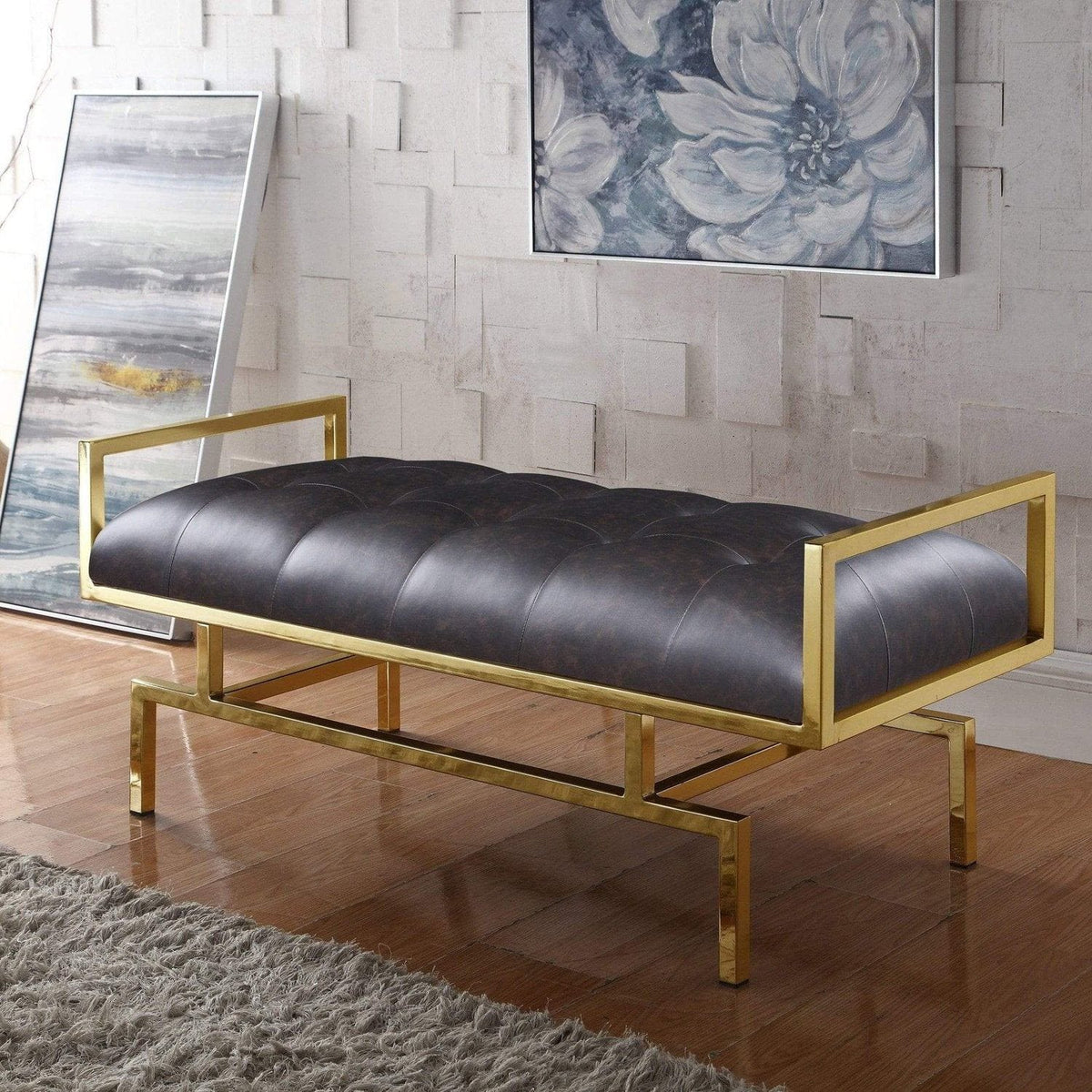 Iconic Home Bruno Tufted Faux Leather Bench Gold Metal Frame Brown