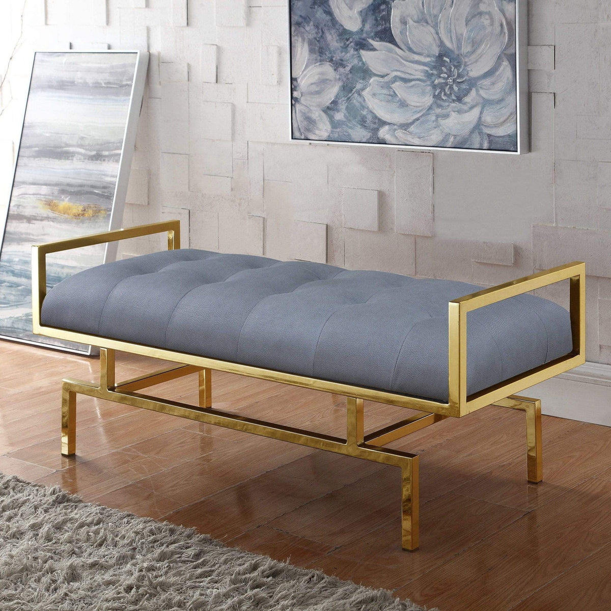 Iconic Home Bruno Tufted Faux Leather Bench Gold Metal Frame Grey