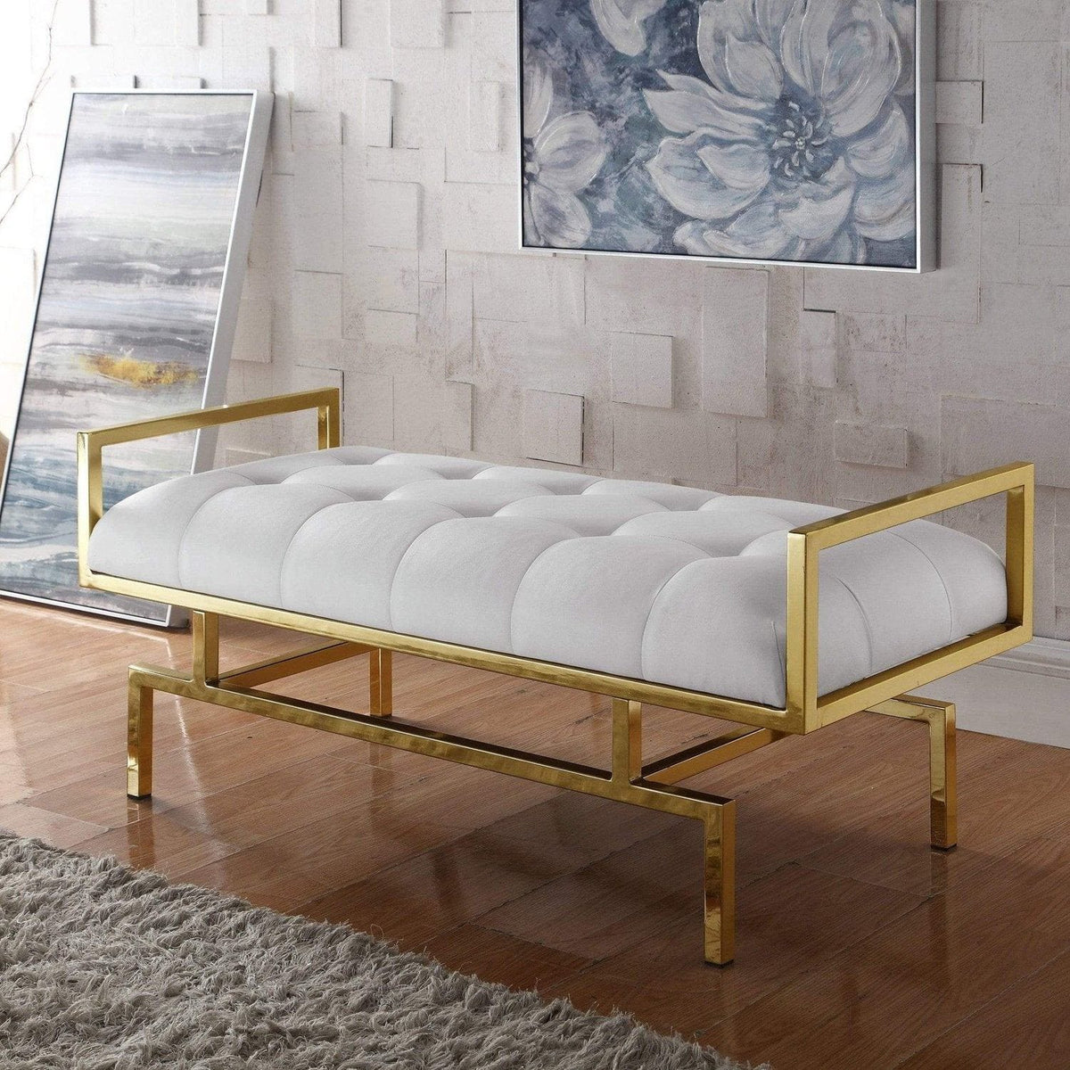 Iconic Home Bruno Tufted Faux Leather Bench Gold Metal Frame White