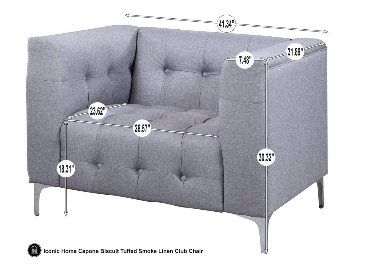 Iconic Home Capone Tufted Linen Club Chair With Silver Legs 