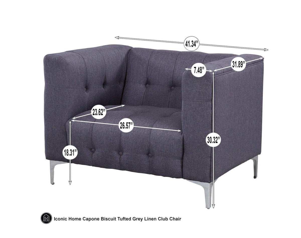 Iconic Home Capone Tufted Linen Club Chair With Silver Legs 