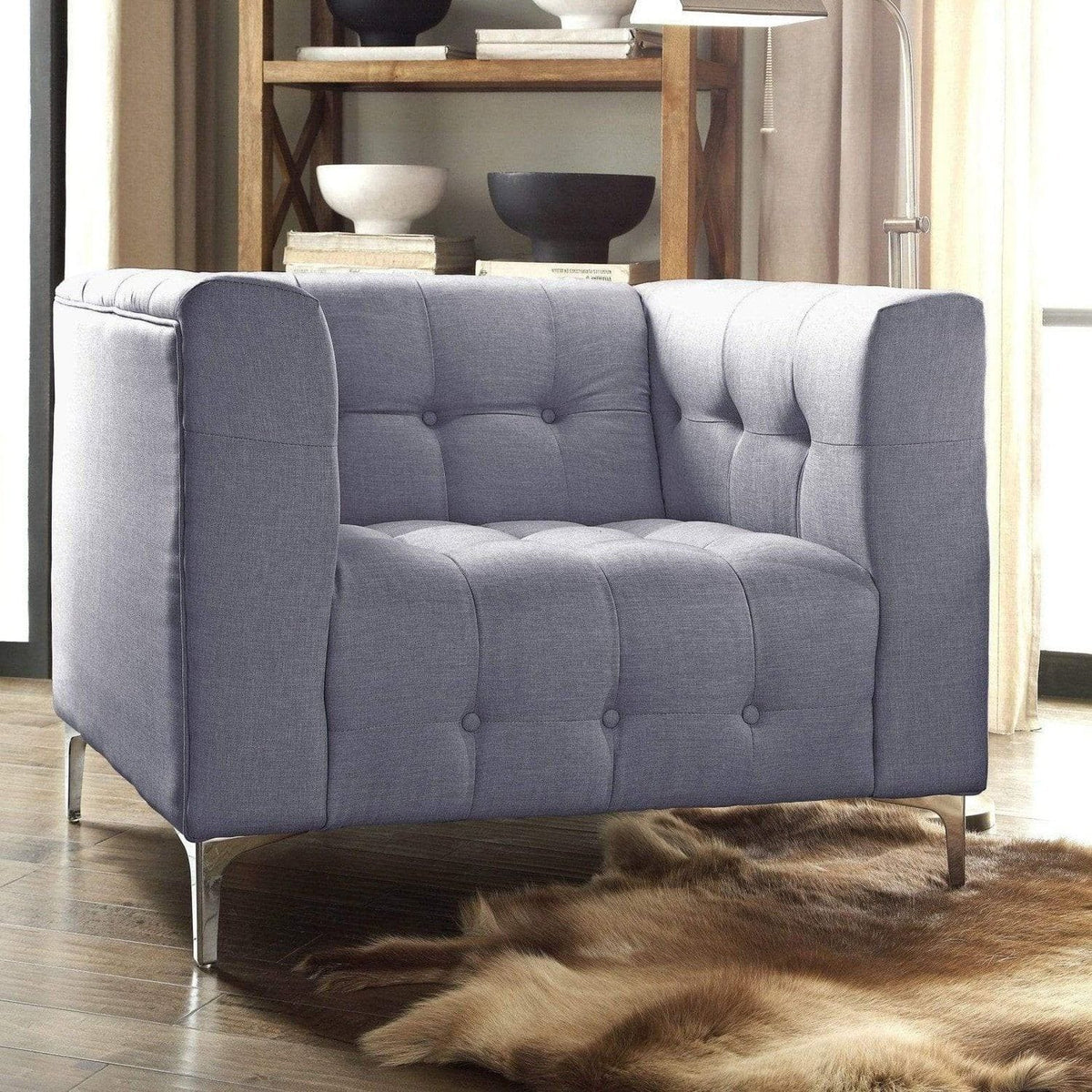 Iconic Home Capone Tufted Linen Club Chair With Silver Legs Smoke