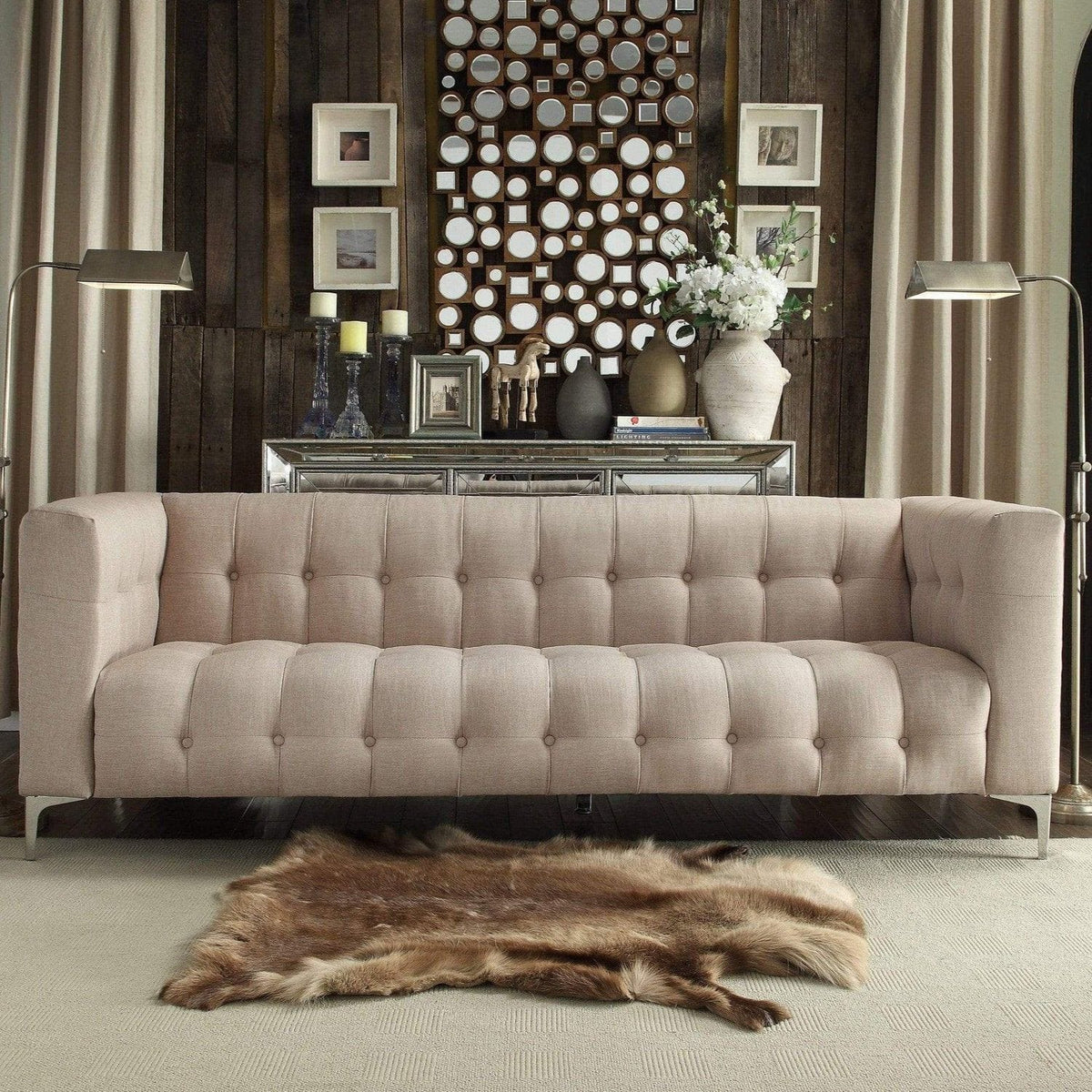 Iconic Home Capone Linen Tufted Sofa Stone
