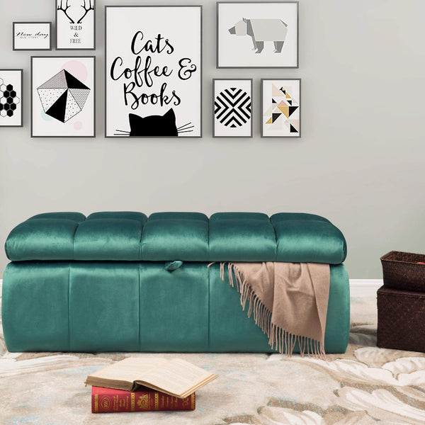 Iconic Home Chagit Tufted Velvet Storage Ottoman Bench Blue