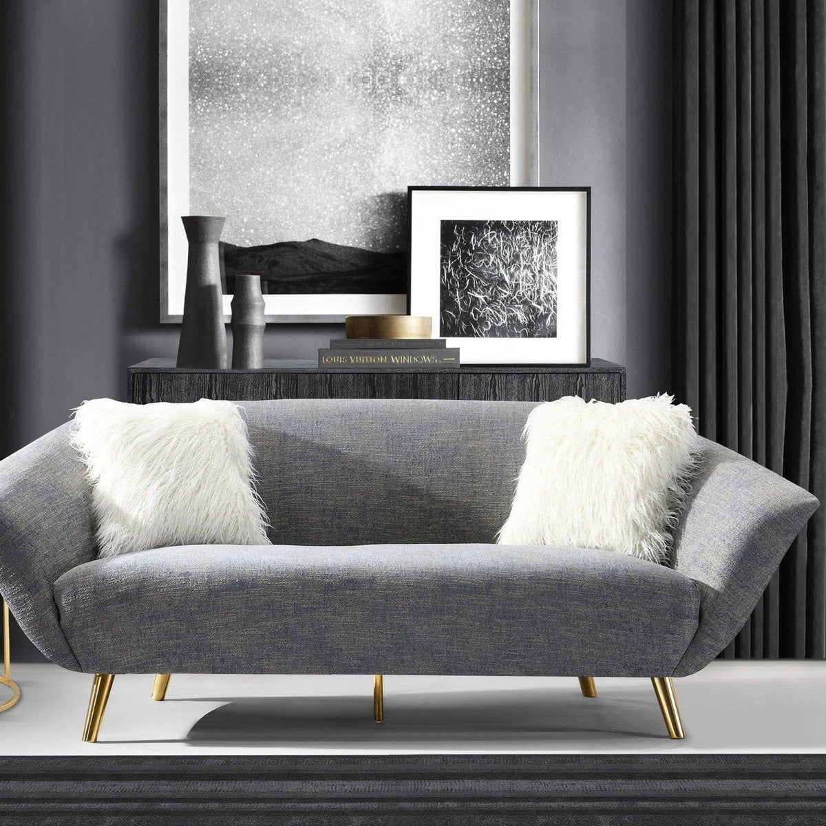 Iconic Home Chateau Sofa Two-Tone Design Gold Metal Legs Blue