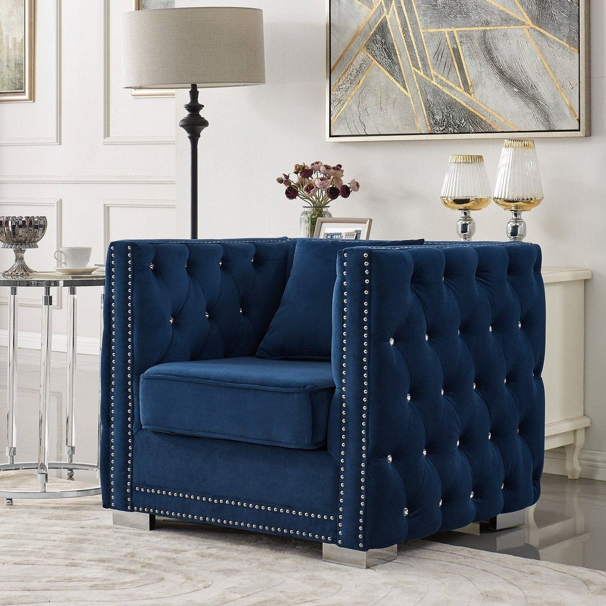 Iconic Home Christophe Button Tufted Velvet Club Chair Navy