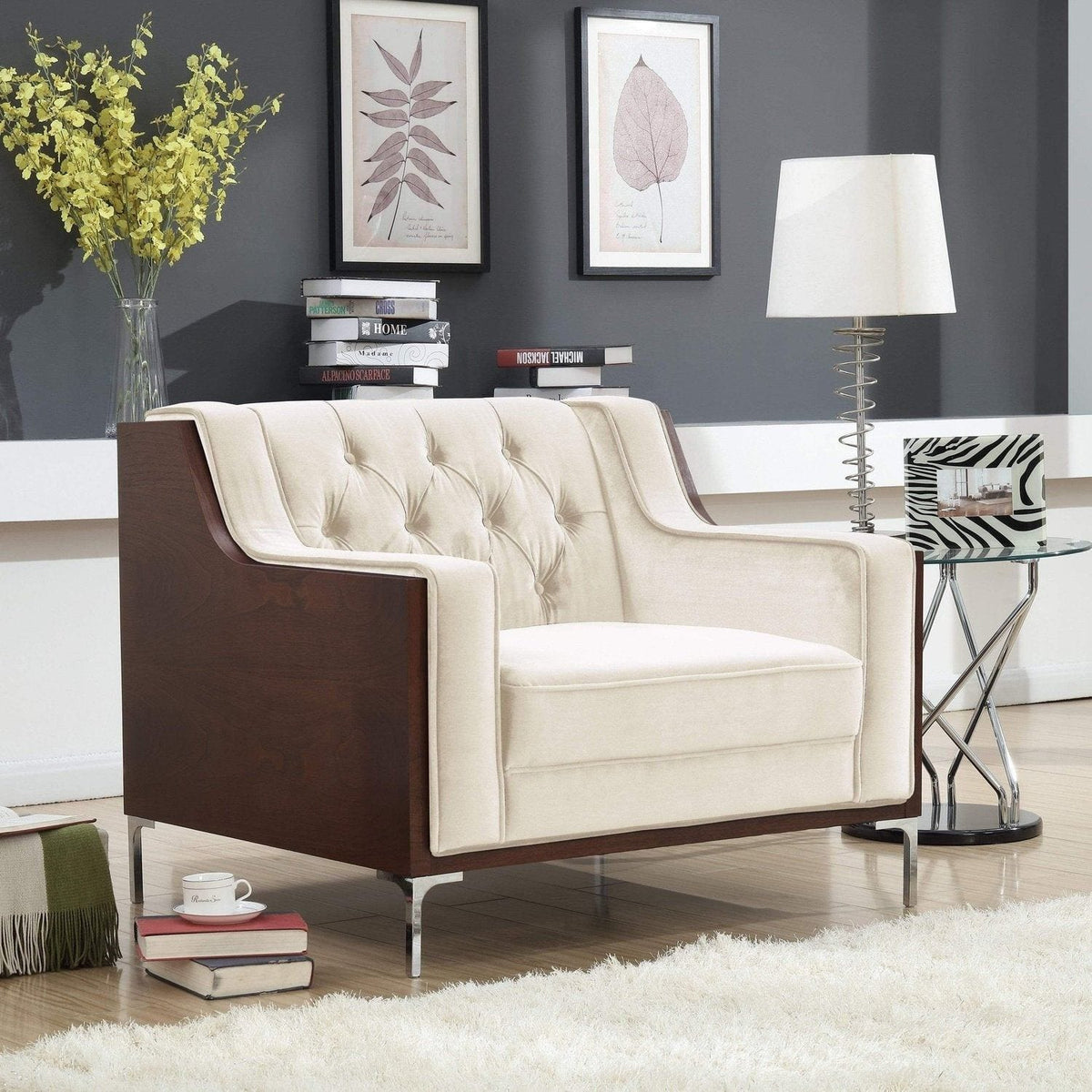 Iconic Home Clark Button Tufted Velvet Club Chair Cream