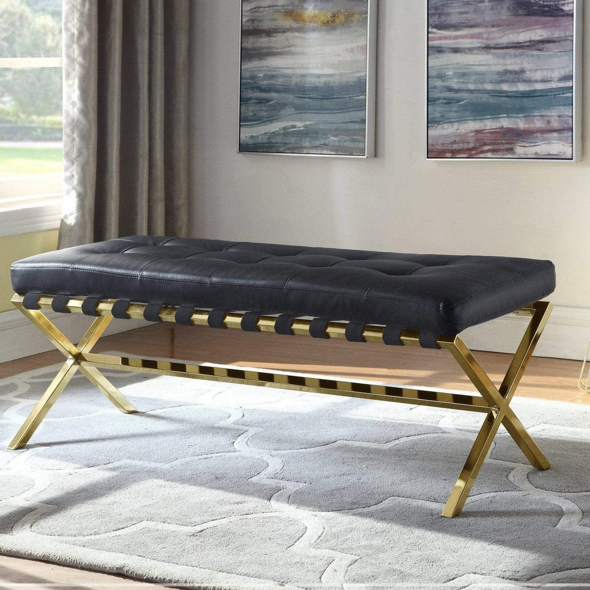 Iconic Home Claudio Tufted Faux Leather Bench X-Frame Black