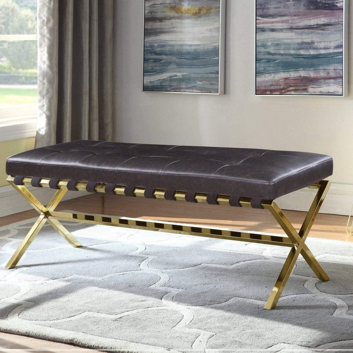 Iconic Home Claudio Tufted Faux Leather Bench X-Frame Brown