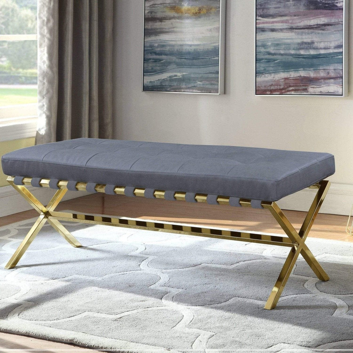 Iconic Home Claudio Tufted Faux Leather Bench X-Frame Grey