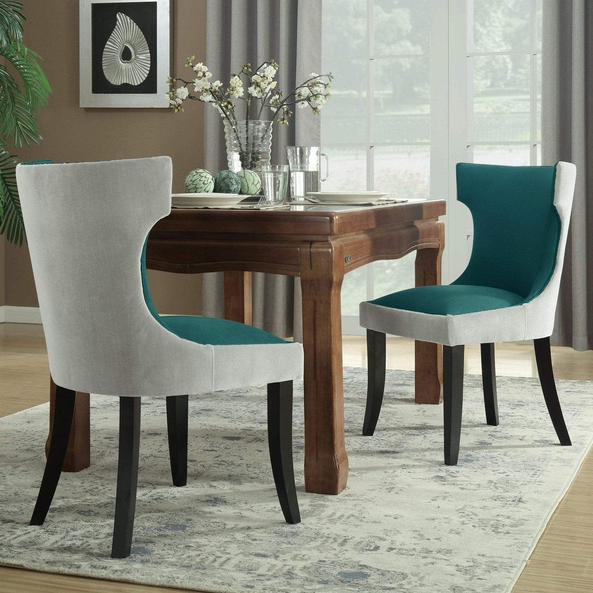 Iconic Home Conrad Faux Leather Velvet Side Dining Chair Set of 2 Teal