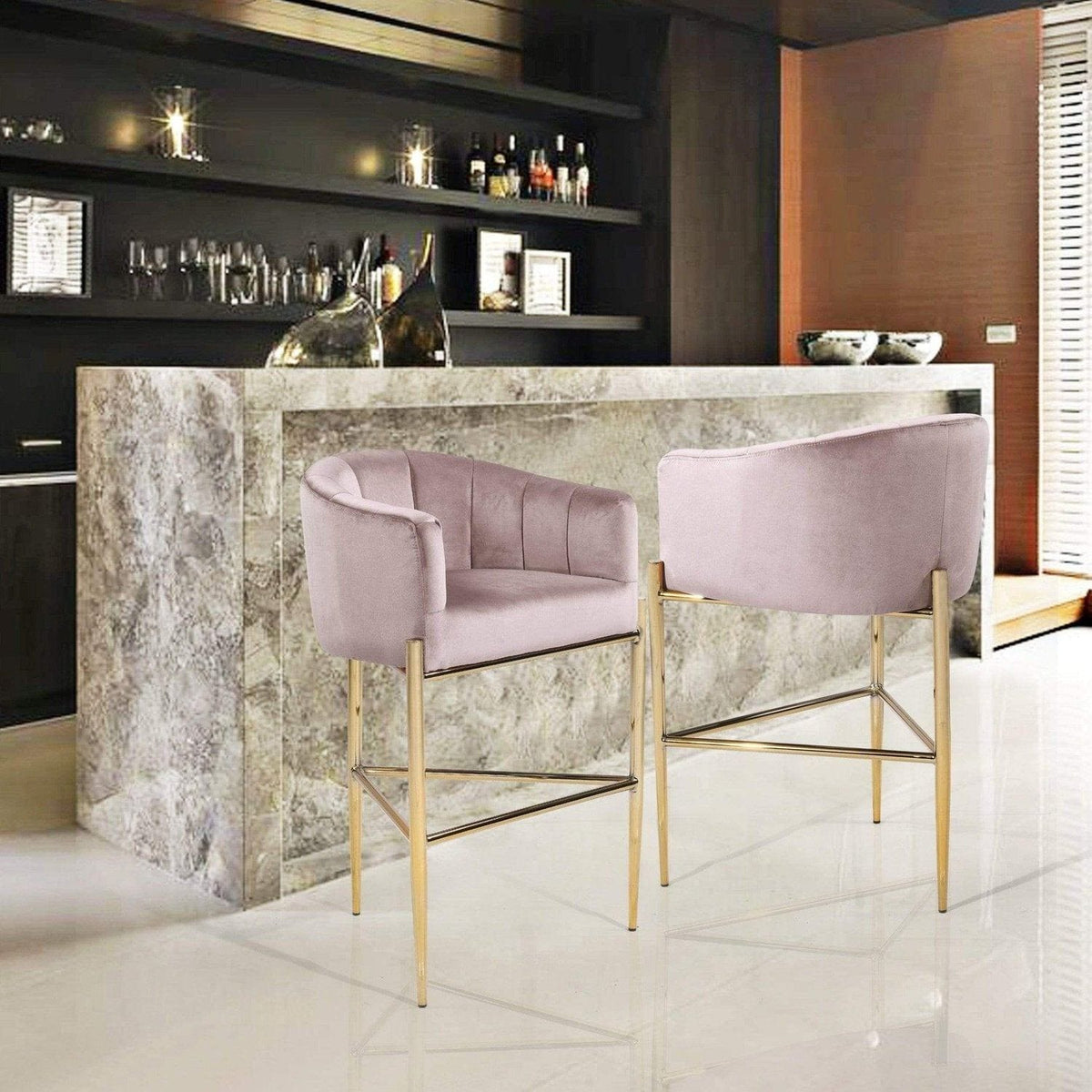 Iconic Home Cyrene Velvet Bar Stool Chair Velvet Gold Base Blush