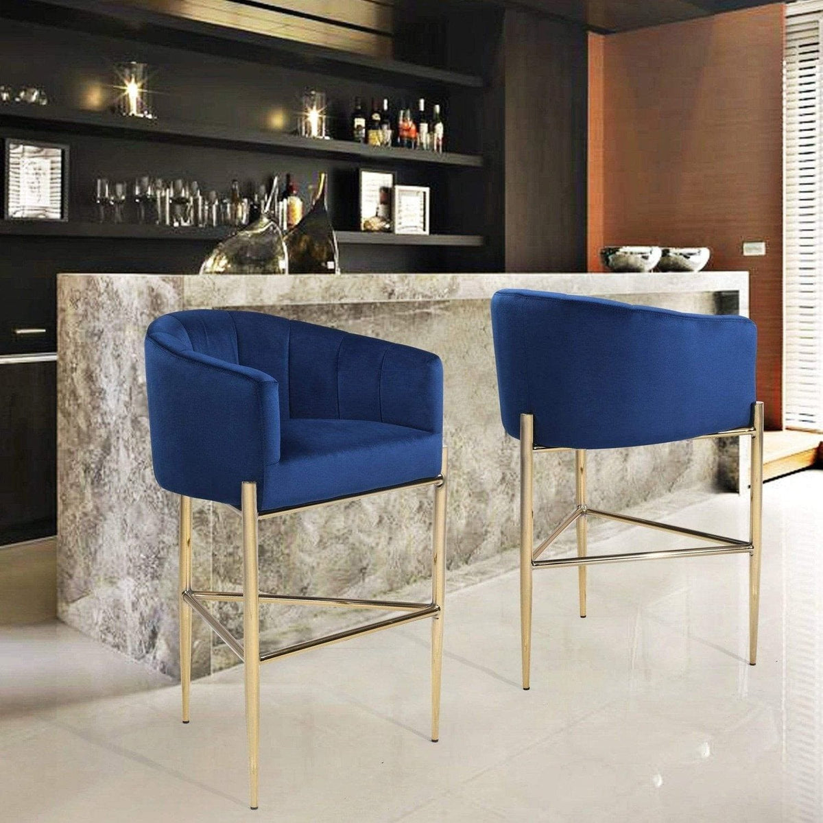 Iconic Home Cyrene Velvet Bar Stool Chair Velvet Gold Base Navy
