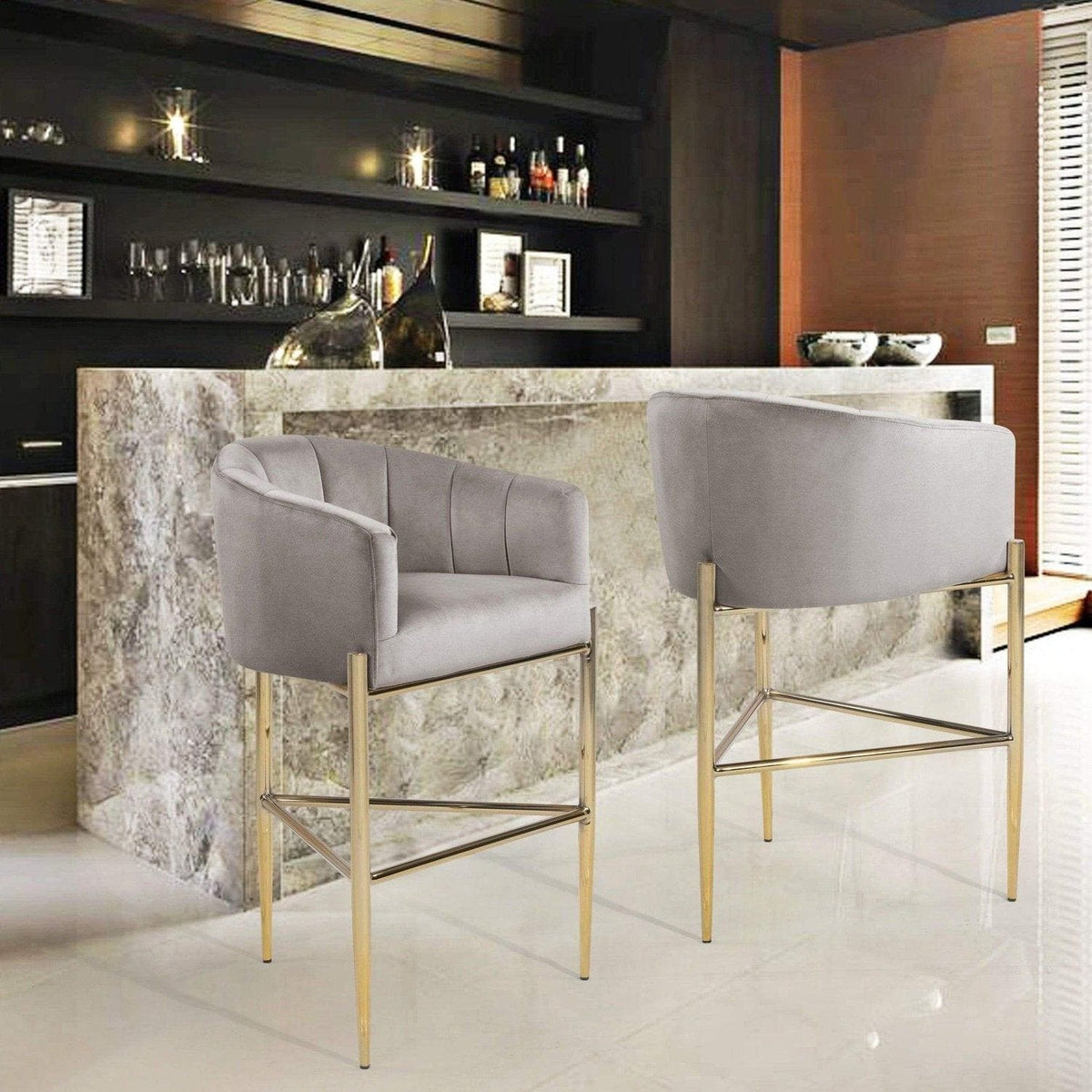 Iconic Home Cyrene Velvet Bar Stool Chair Velvet Gold Base Taupe