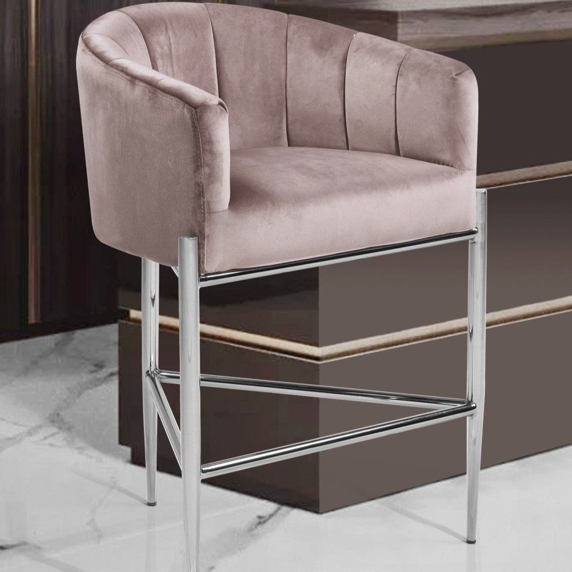 Iconic Home Cyrene Velvet Counter Stool Chair Chrome Base Blush