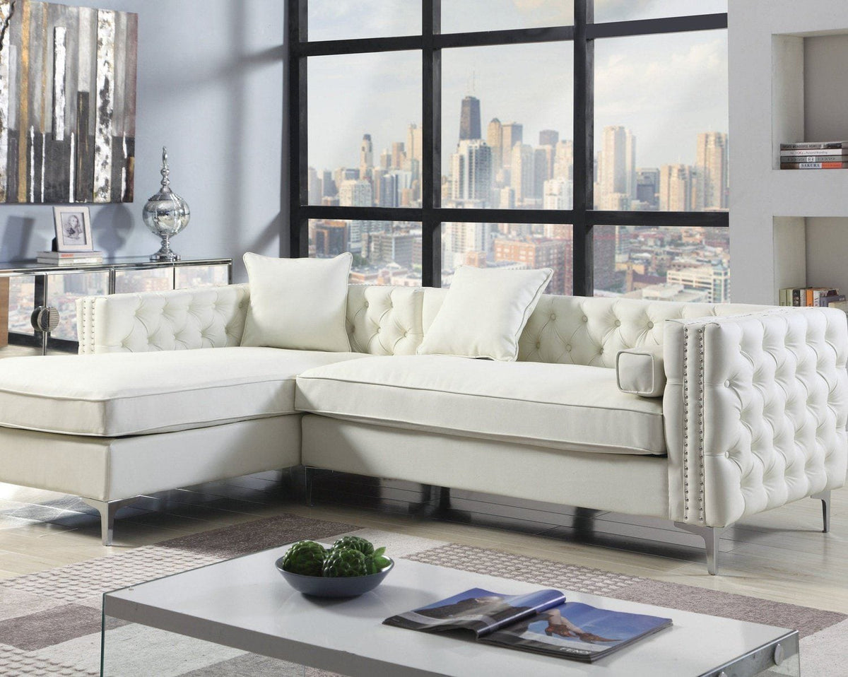 Iconic Home Da Vinci Left Facing Tufted PU Leather Sectional Sofa Cream