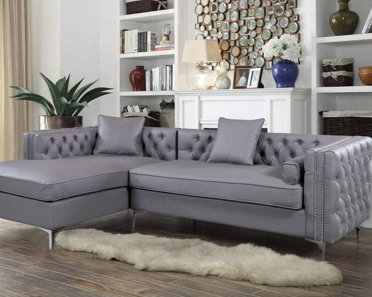 Iconic Home Da Vinci Left Facing Tufted PU Leather Sectional Sofa Grey