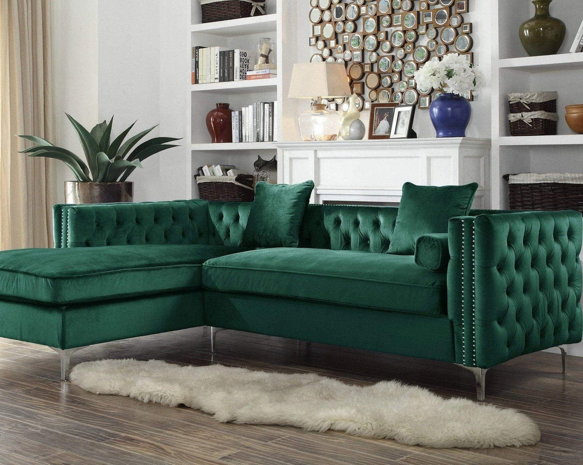 Iconic Home Da Vinci Left Facing Tufted Velvet Sectional Sofa Green