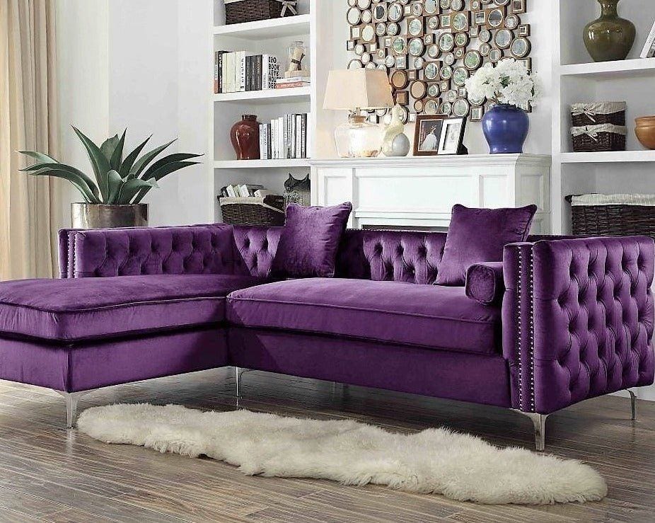 Iconic Home Da Vinci Left Facing Tufted Velvet Sectional Sofa Purple