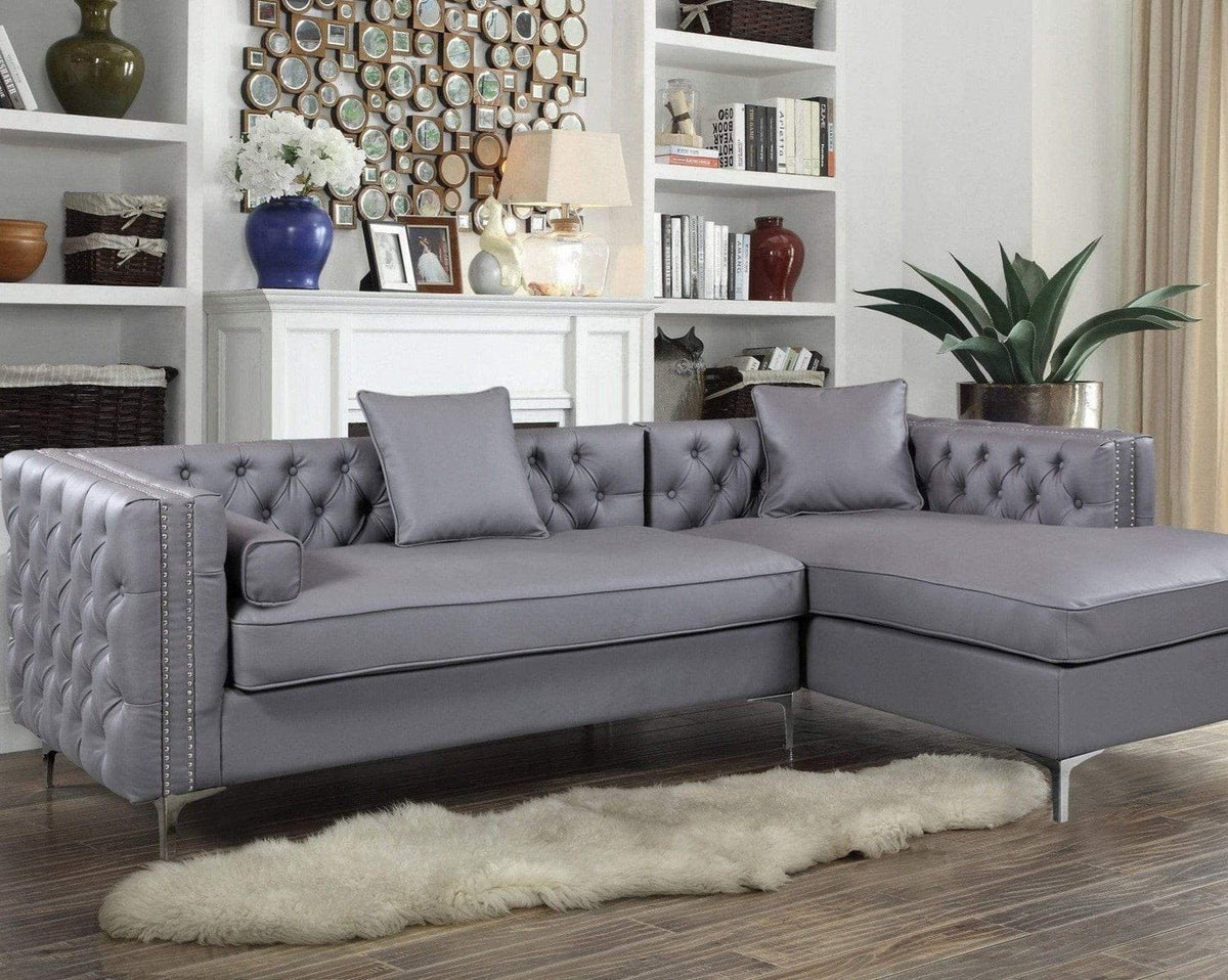 Iconic Home Da Vinci Right Facing PU Leather Tufted Sectional Sofa Grey