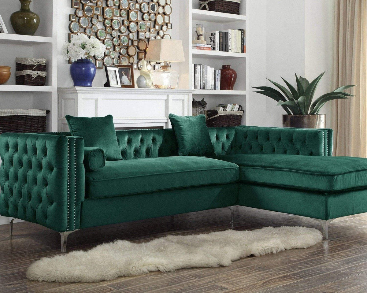 Iconic Home Da Vinci Right Facing Tufted Velvet Sectional Sofa Green