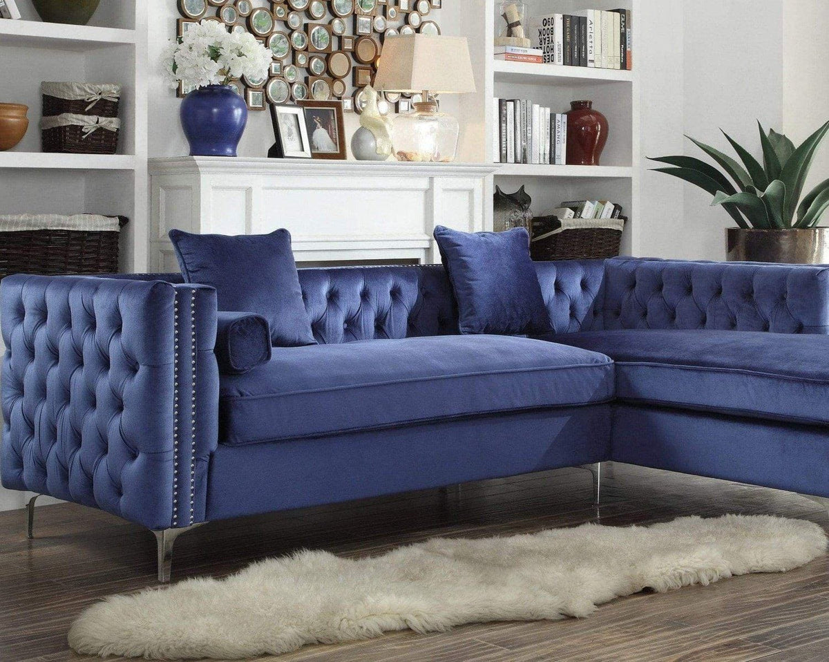Iconic Home Da Vinci Right Facing Tufted Velvet Sectional Sofa Navy