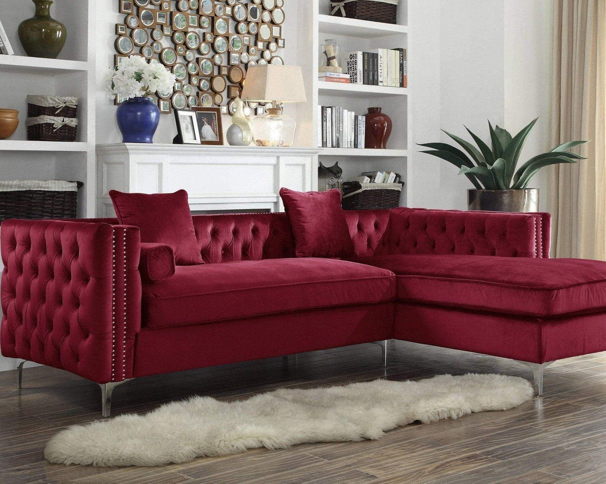 Iconic Home Da Vinci Right Facing Tufted Velvet Sectional Sofa Red