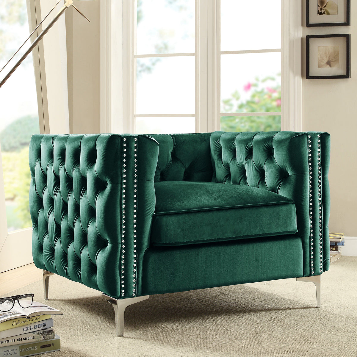Iconic Home Da Vinci Button Tufted Velvet Club Chair Green