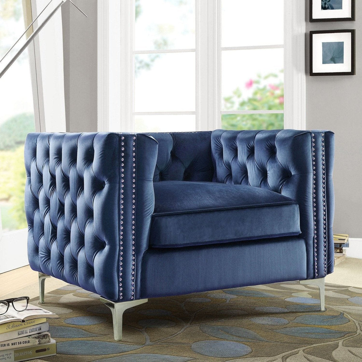 Iconic Home Da Vinci Button Tufted Velvet Club Chair Navy