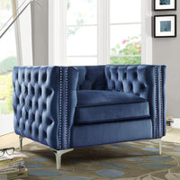 Iconic Home Da Vinci Button Tufted Velvet Club Chair Navy