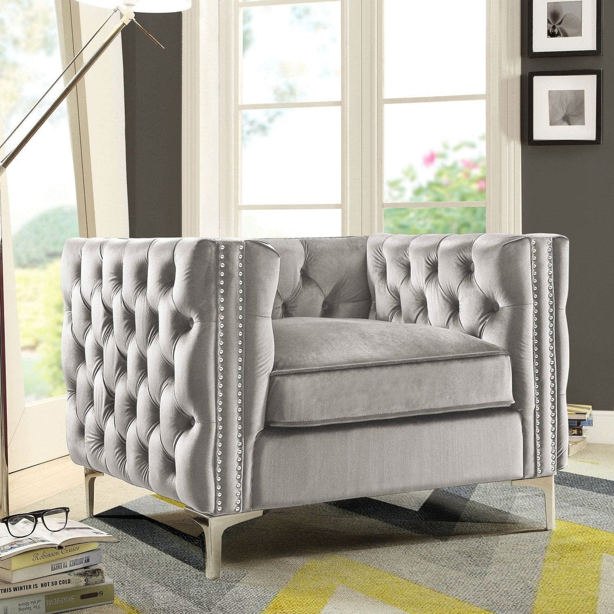Iconic Home Da Vinci Button Tufted Velvet Club Chair Silver