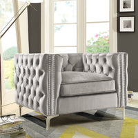 Iconic Home Da Vinci Button Tufted Velvet Club Chair Silver