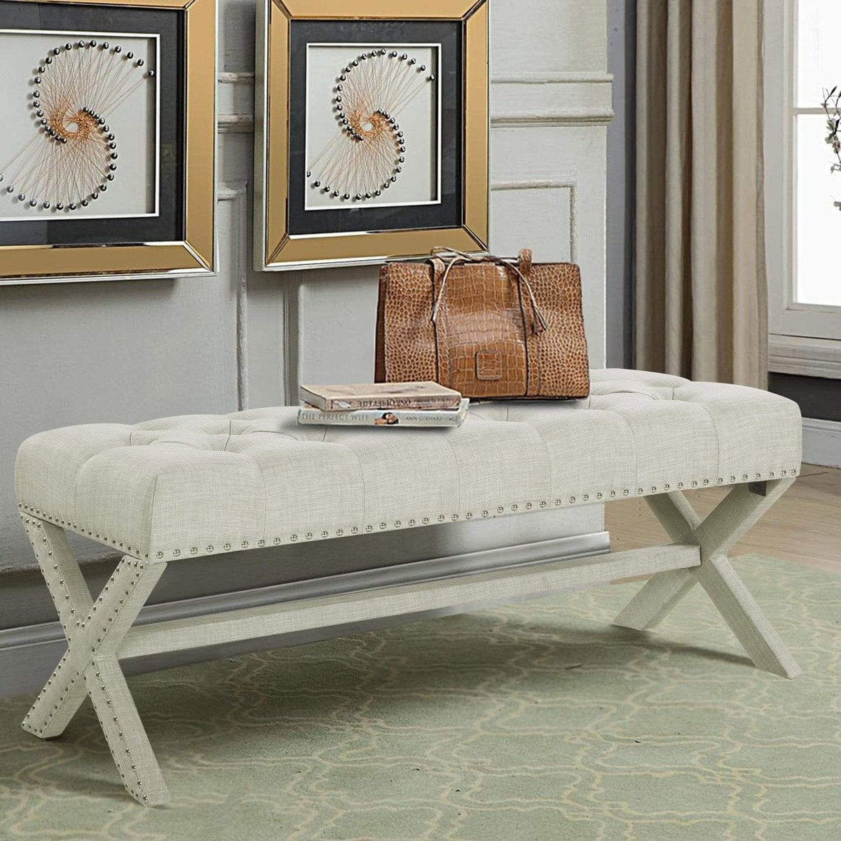 Iconic Home Dalit Tufted Linen Bench X-Frame Beige