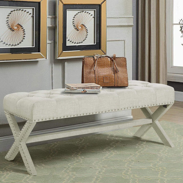 Iconic Home Dalit Tufted Linen Bench X-Frame Beige