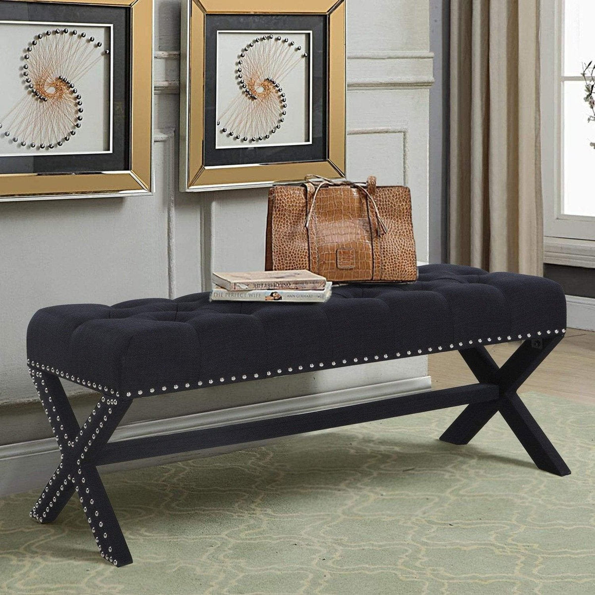 Iconic Home Dalit Tufted Linen Bench X-Frame Black