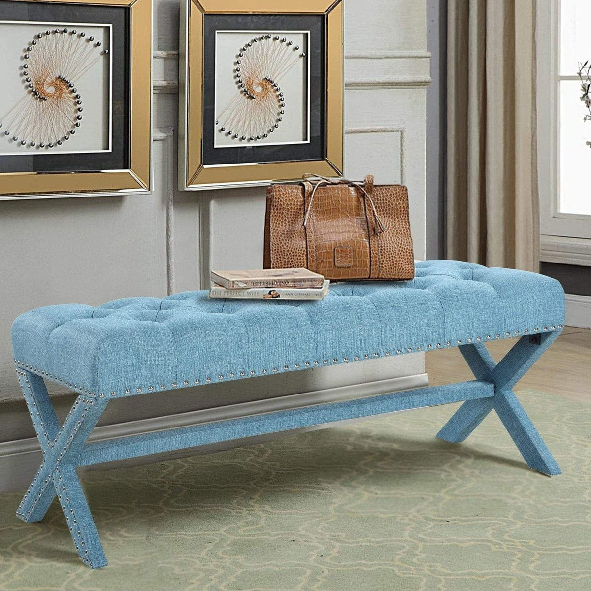 Iconic Home Dalit Tufted Linen Bench X-Frame Blue