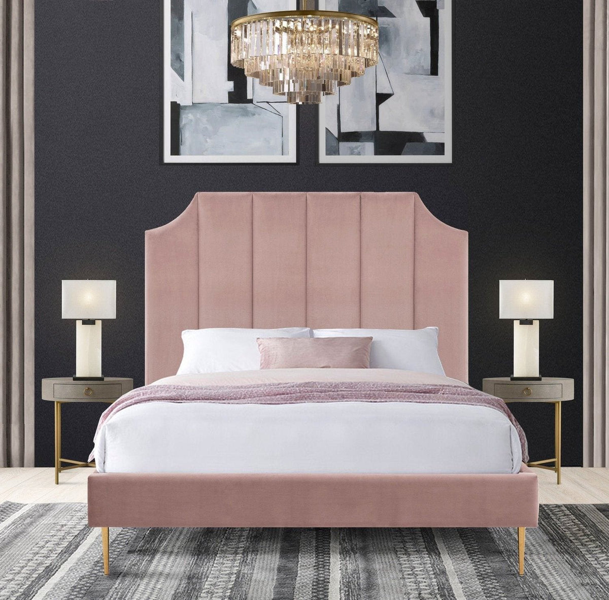 Iconic Home Delta Velvet Platform Bed Frame With Headboard Blush
