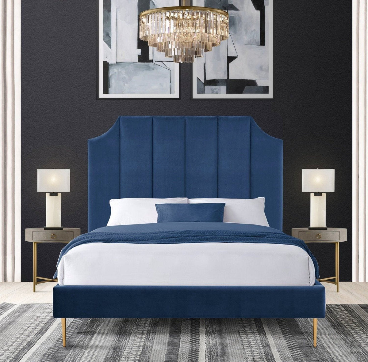Iconic Home Delta Velvet Platform Bed Frame With Headboard Navy