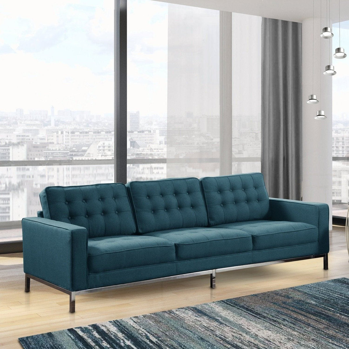 Iconic Home Draper Three Seat Tufted Linen Sofa Blue